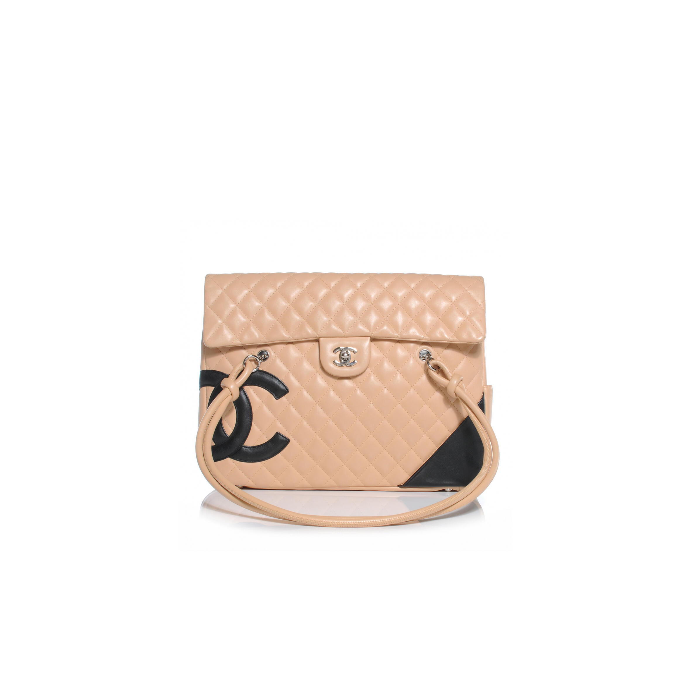 CHANEL CALFSKIN QUILTED LARGE CAMBON FLAP BEIGE BLACK (33*24*11cm)